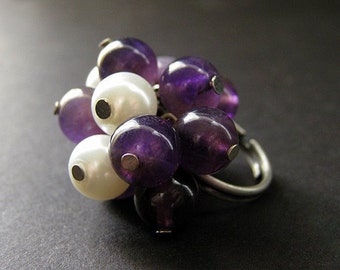 Amethyst Cocktail Ring with White Glass Pearl and Silver Ring Base. Handmade Jewelry