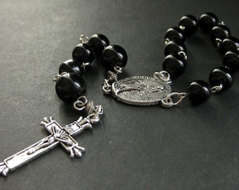 Pocket Rosary. Black One Decade Rosary Beaded in Silver. Unisex Rosary. Mens Rosary. Handmade Rosaries.
