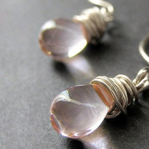 Wire Wrapped Earrings: Pink Teardrop Earrings in Silver - Elixir of Innocence. Handmade Earrings.