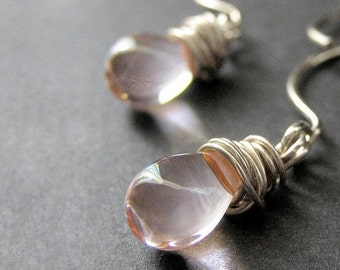 Wire Wrapped Earrings: Pink Teardrop Earrings in Silver - Elixir of Innocence. Handmade Earrings.