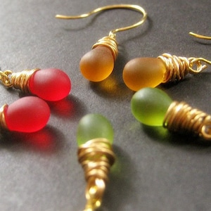 Fall Colors Teardrop Earrings Set of Three, Wire Wrapped, Gold - Autumn Elixirs. Handmade Earrings.