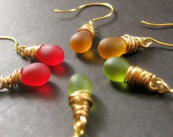 Fall Colors Teardrop Earrings Set of Three, Wire Wrapped, Gold - Autumn Elixirs. Handmade Earrings.