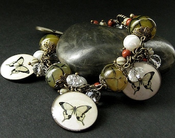 Olive Green Butterfly Bracelet. Gemstone Bracelet. Butterfly Charm Bracelet in Agate and Pearl. Handmade Jewelry.