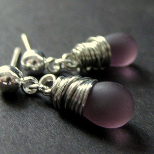 Wire Wrapped Earrings in Silver with Purple Frosted Teardrops, Silver Stud Earrings. Handmade Jewelry