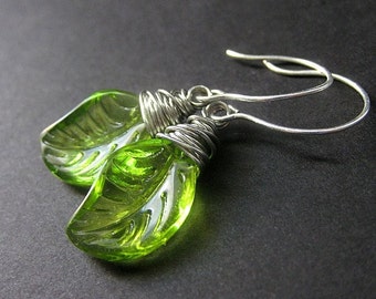 Green Leaf Earrings, Wire Wrapped in Silver. Handmade Jewelry
