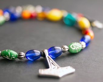 Mjolnir Necklace. Colorful Viking Necklace. Norse Necklace. Cascade Necklace. Rainbow Beaded Necklace 19-inch (48.3cm) SCA Jewelry.