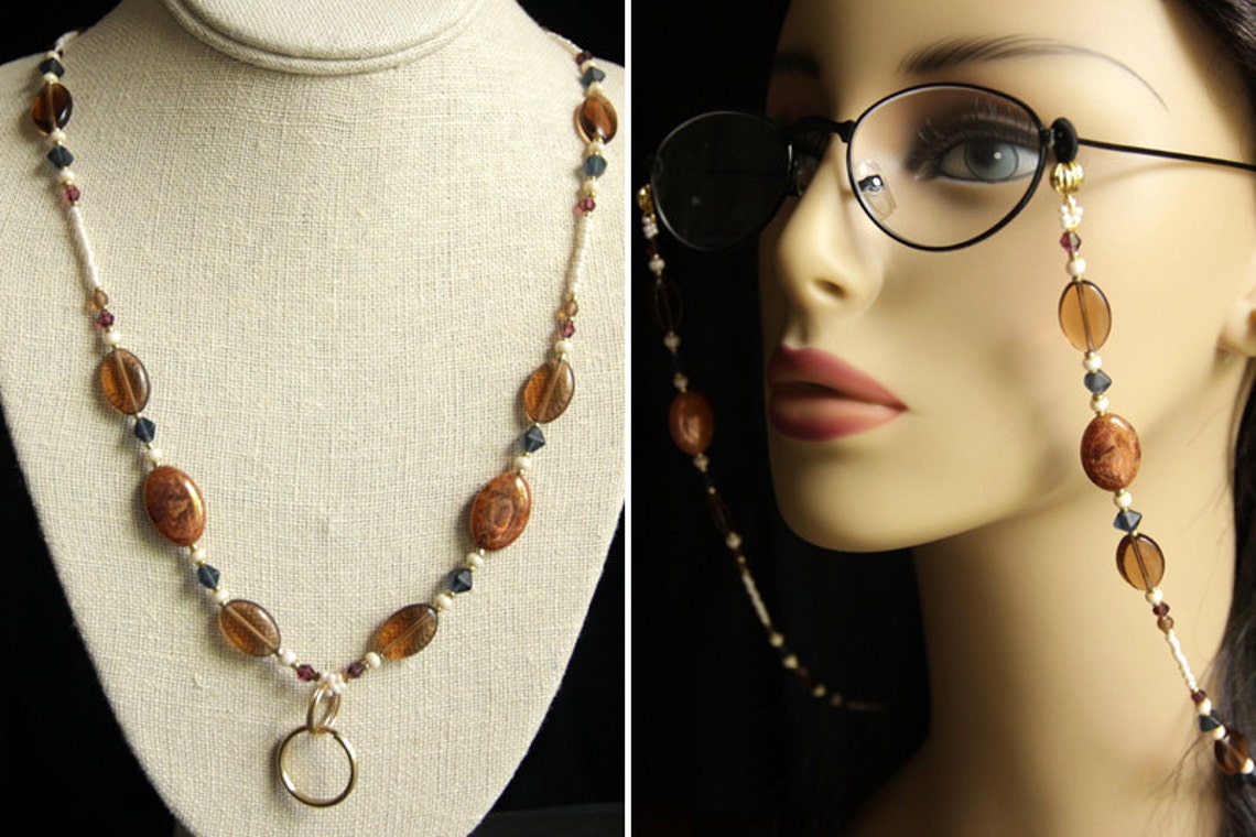 Glasses Lanyard. Brown Beaded Lanyard. Navy Blue Eyeglass Etsy