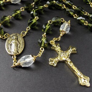 Crystal Rosary in Forest Green, Frosted Snow and Gold. Traditional Rosary. Handmade Rosary. image 3