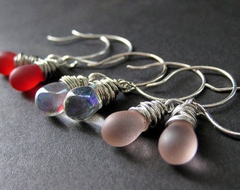 Wire Wrapped Earrings in Silver with Teardrops in Red, Pink and Clear. Passion Elixir Collection Set of Three.