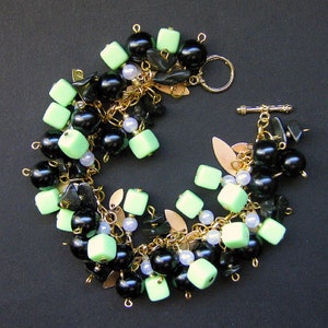 Spring Green Charm Bracelet Beaded in Vintage Beads, Black Glass and Gold Triumphant. Handmade Jewelry image 4