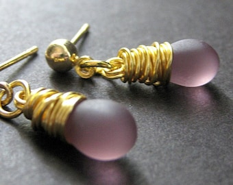 Purple Earrings Wire Wrapped in Gold with Post Backs and Frosted Glass Teardrops. Handmade Jewelry