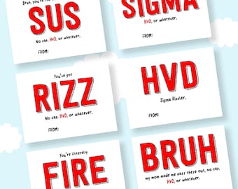 Jerga adolescente para imprimir en formato de San Valentín, Gen Alpha, Skibidi, Rizz, HVD, descarga instantánea, etiqueta de regalo, preadolescente, pudrición cerebral, San Valentín fácil para la escuela