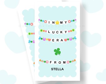 Etiqueta editable para el día de San Patricio, etiqueta para obsequios del día de San Patricio, Lucky Era, plantilla Corjl, In My Lucky Charm Era, etiqueta para pulsera de la amistad