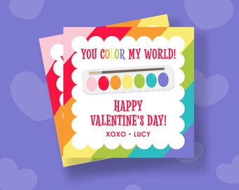 Tarjeta de acuarela editable para San Valentín: Paleta de colores para el aula (descarga digital)