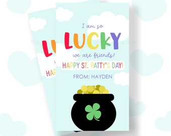 Etiqueta editable para el día de San Patricio, etiqueta para obsequios del día de San Patricio, descarga instantánea, plantilla Corjl, qué suerte tienes de ser mi amigo, olla de oro