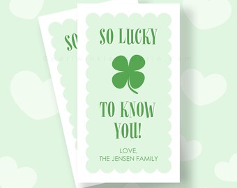 Etiqueta editable "So Lucky to Know You", etiqueta de regalo para obsequios del Día de San Patricio, descarga instantánea, imprímela, plantilla Corjl