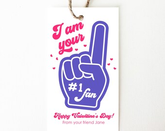 Etiqueta de regalo editable para San Valentín, etiqueta de regalo para el día de San Valentín, etiqueta de regalo imprimible, San Valentín para el aula, fanático número uno, San Valentín con dedos de espuma, deportes