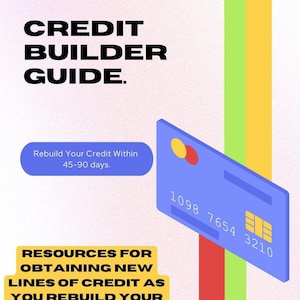 May include: A blue credit card with a red and yellow circle on the front. The card has the numbers 1098 7654 3210 printed on it. The text "Rebuild Your Credit Within 45-90 days." is on a white button. The text "RESOURCES FOR OBTAINING NEW LINES OF CREDIT AS YOU REBUILD YOUR CREDIT PROFILE." is in yellow text on a white background.