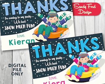 Snow Tube Party Thank You Card, Snow Birthday Printable Thank you, Snow Birthday Party Supplies DIGITAL FILE