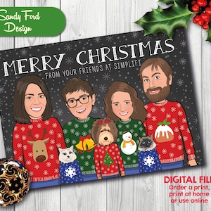 Cartão de Natal ilustrado para família, Cartão de Natal para família com suéter feio - para até 18 pessoas - ARQUIVO DIGITAL