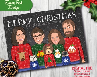 Illustrated Family Christmas Card, Ugly sweater family Christmas Card - for up to18 people - DIGITAL FILE