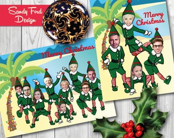 Family Beach Tropical Christmas Card, Funny Photo Christmas Card - Christmas Elves - for up to 12 people - DIGITAL FILE