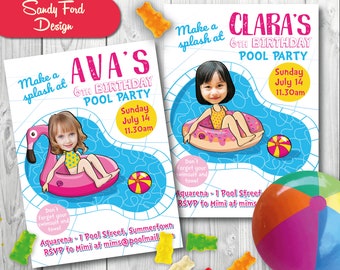 Girl's Pool Party Invitation - Personalized with your photo DIGITAL FILE