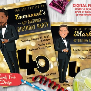 All Black Affair - Black and Gold Birthday Party Uitnodiging - 30e 40e 50e 60e elke leeftijd - Aangepaste karikatuur uitnodigen DIGITAAL BESTAND