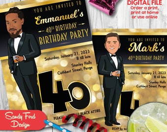All Black Affair - Black and Gold Birthday Party Invitation - 30th 40th 50th 60th any age - Custom Caricature Invite DIGITAL FILE