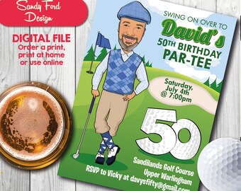 Invito alla festa di compleanno del golf dell'uomo 30th 40th 50th 60th 70th 80th - Illustrato dalla tua foto FILE DIGITALE