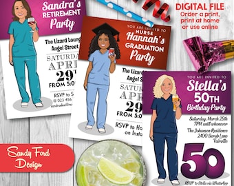 Nurse or Doctor Party Invitation - Birthday, Graduation, Retirement - Illustrated from your photo DIGITAL FILE