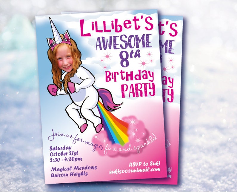 Funny Unicorn Birthday Party Invitation DIGITAL FILE Personalized with photo