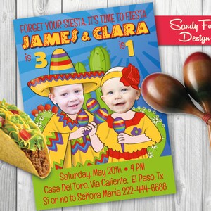 Invito festa di compleanno Fiesta messicana per 2 bambini - Personalizzato con la tua foto FILE DIGITALE