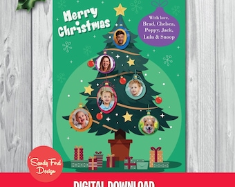 Personalized Family Christmas Card – Photo Faces on Christmas Tree Baubles, Funny Holiday Card, Up to 12 People/Pets – Digital File