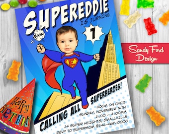 Custom Baby Superhero 1st Birthday Party Invitation - Personalized with your photo DIGITAL FILE