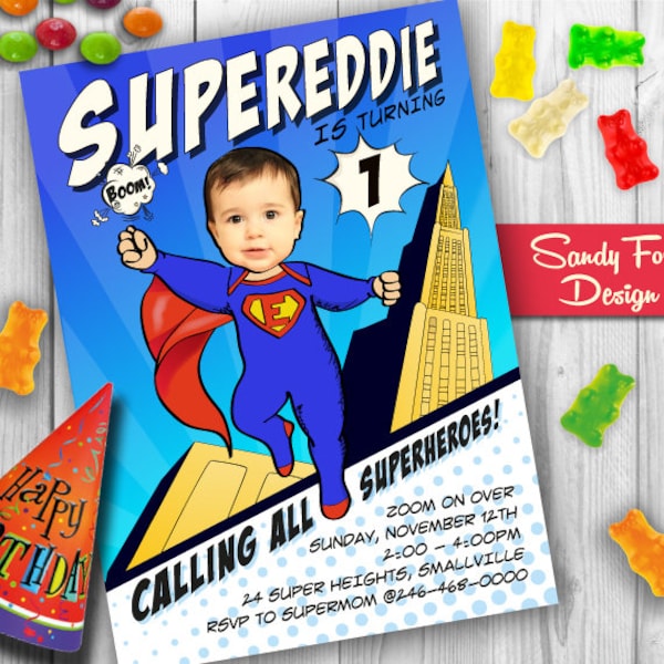 Custom Baby Superhero 1st Birthday Party Invitation - Personalized with your photo DIGITAL FILE