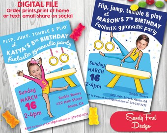 Gymnastics Party Birthday Invitation for girls or boys - Personalized with your photo DIGITAL FILE