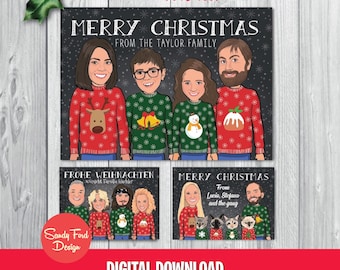 Illustrated Family Portrait Christmas Card, Ugly Sweater Family Holiday Card - for up to 10 people - DIGITAL DOWNLOAD