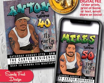 Man's Hip Hop Birthday Party Invitation - 30th 40th 50th 60th any age - Illustrated from your photo DIGITAL FILE