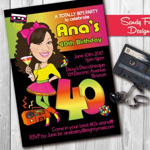 Women&#39;s 80&#39;s theme Birthday Party Invitation 21st 30th 40th 50th. Personalized caricature. Illustrated from your photo DIGITAL FILE