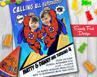 Superhero Birthday Party Invitation for two boys or twins - Personalized from your photo DIGITAL FILE