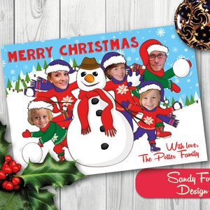 Family Christmas Card, Funny Photo Christmas Card - for up to 6 people and dogs - Snowman and snowballs - DIGITAL FILE