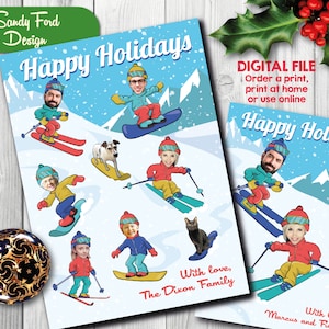 Family Christmas Card, Funny Photo Christmas Card - for up to 16 people (can include dogs and cats)  - Skiing and snowboard - DIGITAL FILE