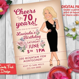 Uitnodiging voor verjaardagsfeestje voor vrouwen - 80e verjaardag, 70e verjaardag, 60e verjaardag, elke leeftijd of pensioen Geïllustreerd op basis van uw foto DIGITAAL