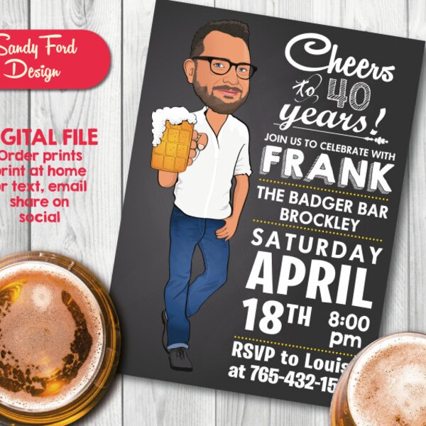 Invito per festa di compleanno con caricatura personalizzata Cheers and Beers per uomini - Lavagna - 30°, 40°, 50°, 60° compleanno, qualsiasi età FILE DIGITALE