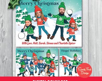 Funny Personalized Family Christmas Card – Snowball Fight Holiday Card with Photo Faces, 1–10 People and Pets – Digital Download
