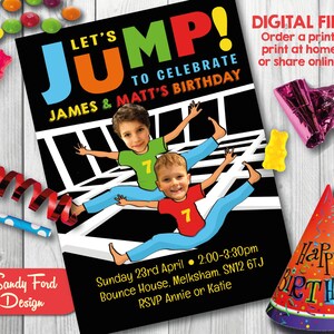 Trampoline Bounce House  Birthday Party Invitation for  two boys twins - Personalized with your photo DIGITAL FILE