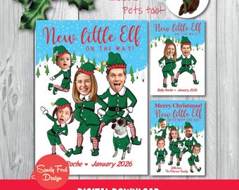 Pregnancy Announcement Christmas Card – Personalized Elf Holiday Card with Photo Faces, Funny Family Xmas Card – Digital Download