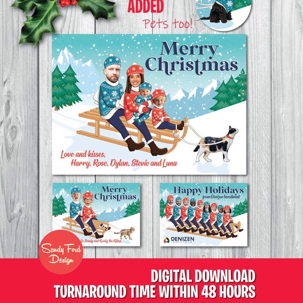 Cartão de Natal personalizado e divertido para família ou escritório – Cartão de Natal com foto de trenó, até 24 pessoas/animais de estimação – Download digital do cartão de inverno