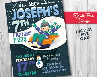 Boy's Snow Birthday Party Invitation, Snow Tube Invitation, Winter Party Printables DIGITAL FILE